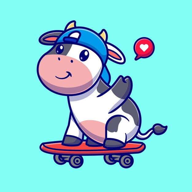 Ilustración de icono de vector de dibujos animados de vaca fresca jugando patineta. Concepto de icono de deporte animal aislado Vector Premium. Estilo de dibujos animados plana