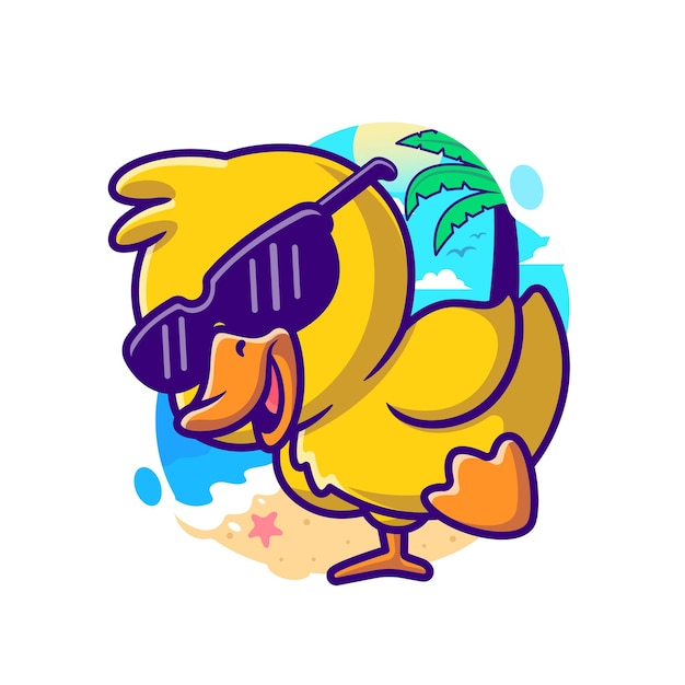 Ilustración de icono de vector de dibujos animados de verano de pato fresco. concepto de icono de vacaciones de animales aislado vector premium. estilo de dibujos animados plana