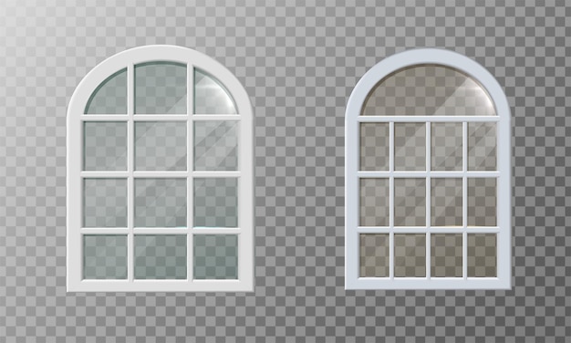 ilustración de icono de vector realista Ventana de marco blanco de arco de mansión antigua con vidrio transparente re