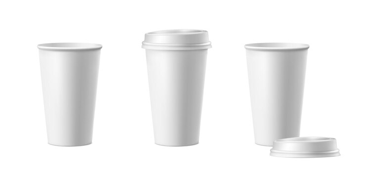 Vector gratuito ilustración de icono vectorial realista en 3d copas de café de papel blanco con y sin tapa