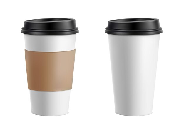 Ilustración de icono vectorial realista en 3D Taza de café de papel blanco con tapa negra y cartón