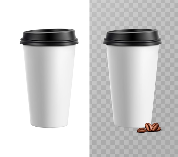 Ilustración de icono vectorial realista en 3d de taza de café de papel con tapa de café negra