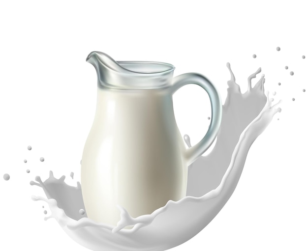 Ilustración de icono vectorial realista Jar de leche en una salpicadura de leche fresca Aislado en fondo blanco