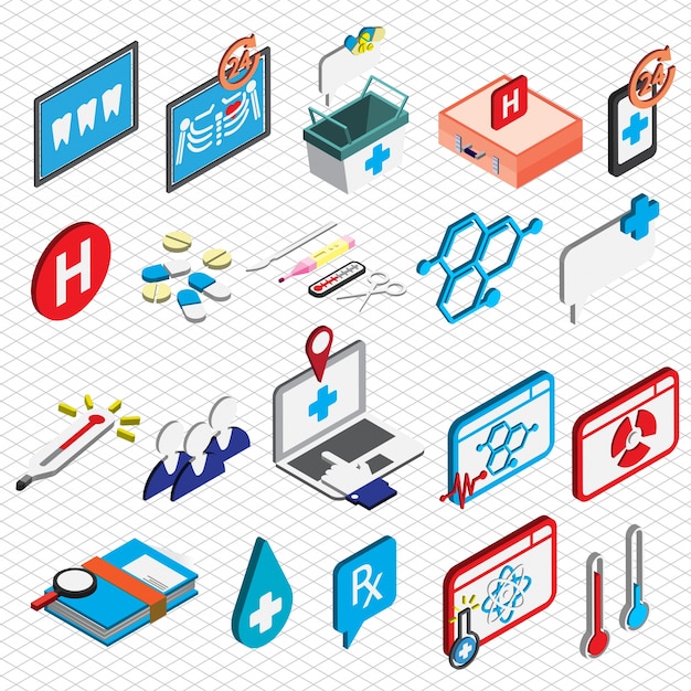 Ilustración de los iconos del hospital conjunto concepto en gráfico isométrico