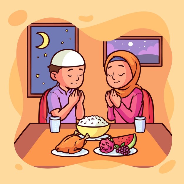 Ilustración de iftar dibujada a mano con personas rezando con comida