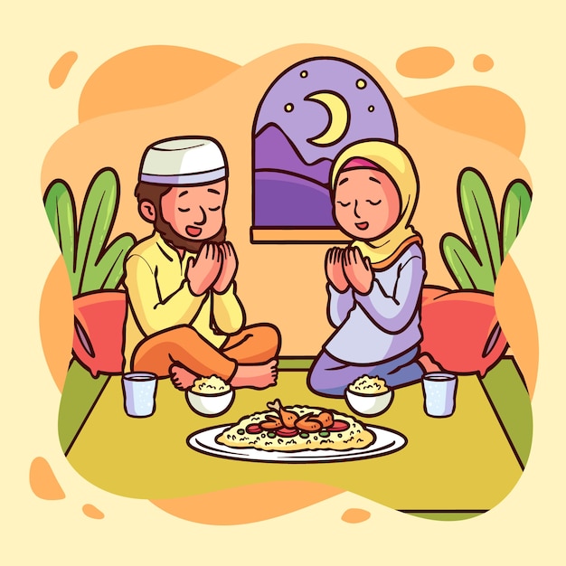 Ilustración de iftar dibujada a mano con personas rezando con comida