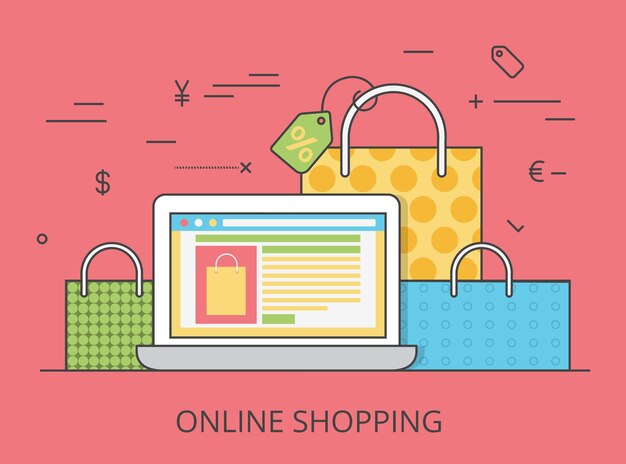 Ilustración de imagen de héroe de sitio web de compras en línea plana lineal. Concepto de negocio, venta y consumismo de comercio electrónico. Portátil con interfaz de carro en pantalla y bolsas en segundo plano.