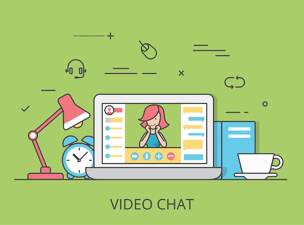 Ilustración de imagen de héroe de sitio web de conferencia de video chat plano lineal. Concepto de tecnología y software de comunicación. Portátil con sesión activa de interfaz de videochat en pantalla.