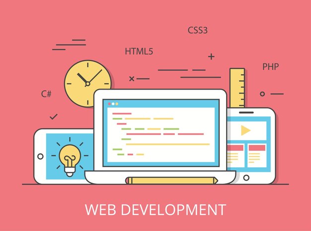 Ilustración de imagen de héroe de sitio web de diseño de desarrollo web sensible plano lineal. Concepto de software y tecnología de programación de aplicaciones. Tecnologías C #, PHP, HTML5, CSS3, computadora portátil, tableta y teléfono inteligente.