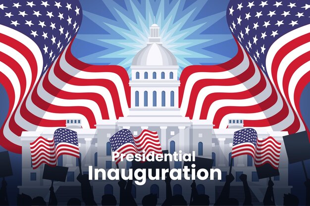 Ilustración de la inauguración presidencial de Estados Unidos con la casa blanca y banderas