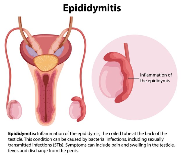 Ilustración infográfica de la anatomía del epidídimo y los testículos masculinos