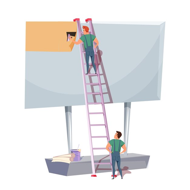 Ilustración de instalación de vallas publicitarias trabajadores de agencias de publicidad en la escalera que colocan el tablero de promoción Banner en la carretera publicidad urbana negocio de marketing