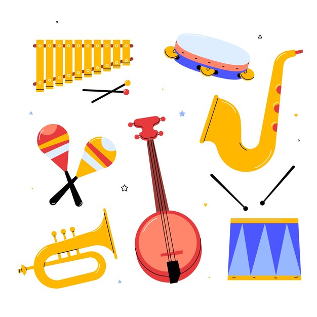 conjunto de vectores de instrumentos musicales para niños dibujados en  estilo de dibujos animados 10835622 Vector en Vecteezy