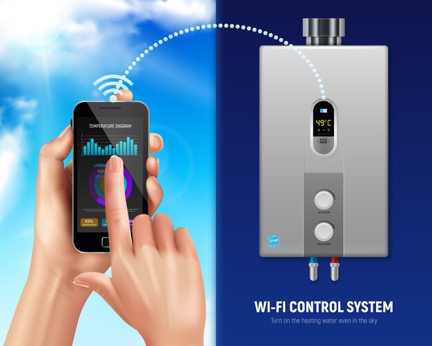 Ilustración inteligente de color realista calentador de agua smartphone y calentador de agua con wifi en casa inteligente