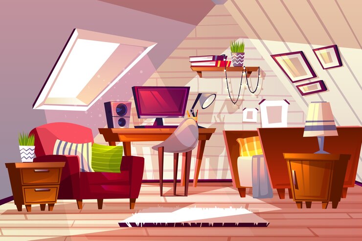 Vector gratuito ilustración interior de la habitación del ático. fondo del diseño de la buhardilla de la historieta del dormitorio o de la muchacha
