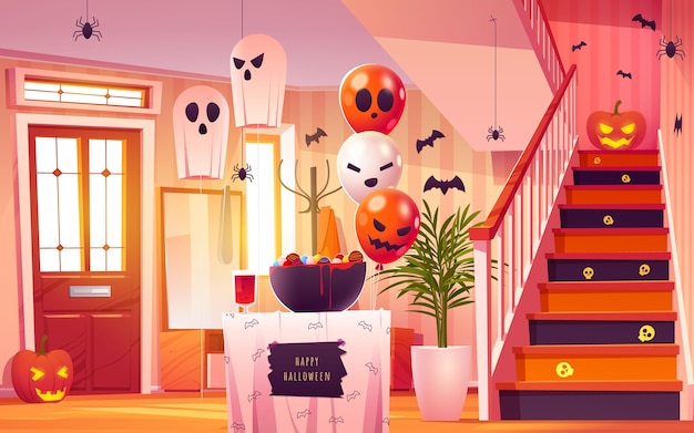 Ilustración interior de halloween de pasillo de dibujos animados