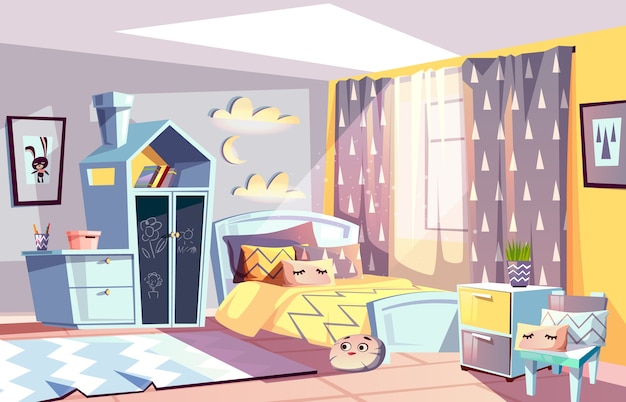 Vector gratuito ilustración interior moderna de habitación de niños de muebles de dormitorio en estilo escandinavo.