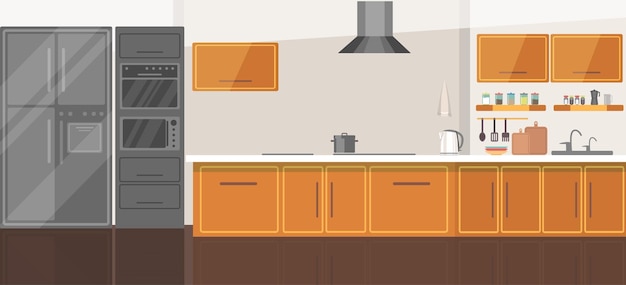 Vector gratuito ilustración interior de sala de cocina moderna y acogedora con electrodomésticos de cocina gris plateado equipo técnico nevera estufa microondas fregadero