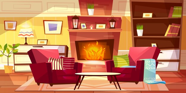 Ilustración interior de la sala de estar de apartamentos y muebles modernos o retro acogedores.