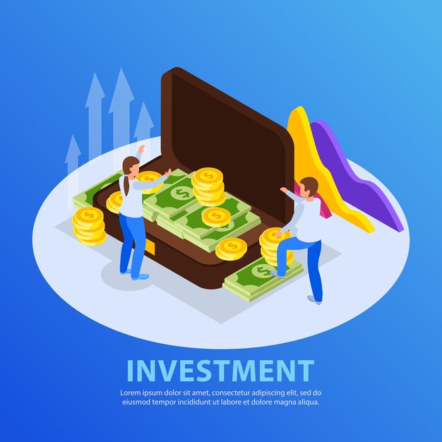 Ilustración de inversión con personas y caja de dinero.