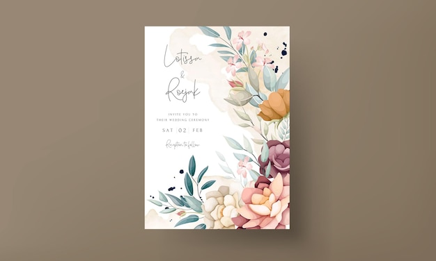 Vector gratuito ilustración de una invitación de boda acuarela ramo de flores conjunto de ramas hojas marrones flores rojas