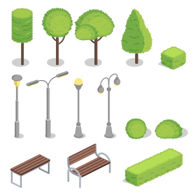 Ilustración isométrica 3D de elementos de parque