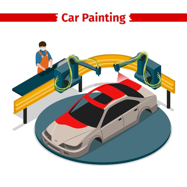 Ilustración isométrica 3d de línea automática de pintura de coche