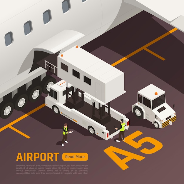 Vector gratuito ilustración isométrica del aeropuerto con avión y personas cargando equipaje en aviones