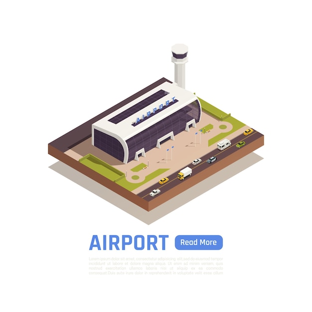 Ilustración isométrica del aeropuerto con la carretera y el edificio de la terminal.