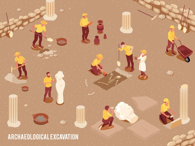 Ilustración isométrica de arqueología con proceso de excavación arqueológica de artefactos antiguos