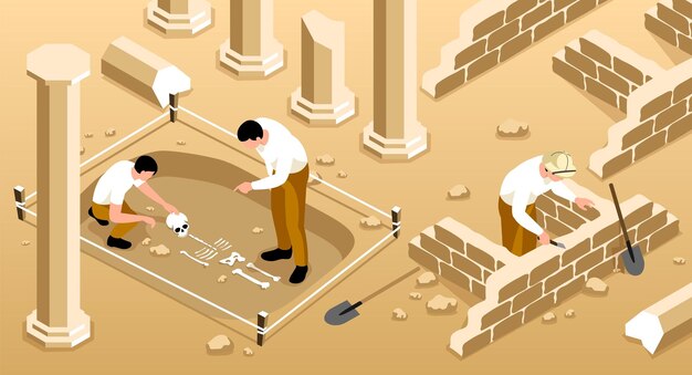 Ilustración isométrica de arqueología