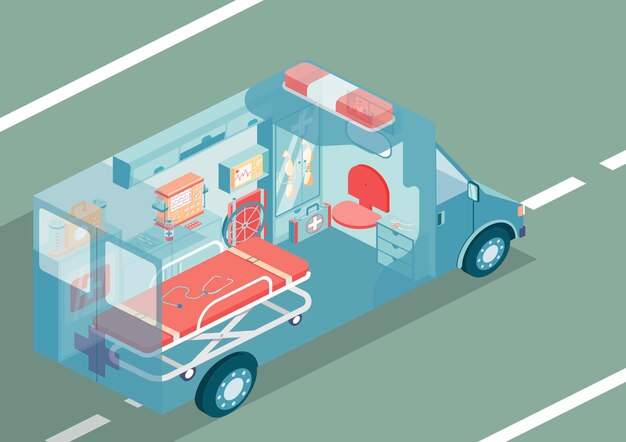 Ilustración isométrica del automóvil de ambulancia con equipo médico especial