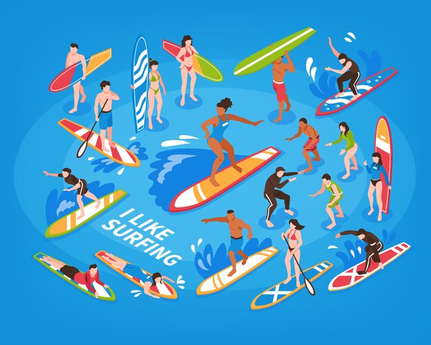 Ilustración isométrica azul de surf