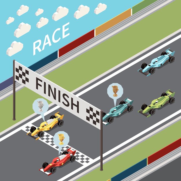 Ilustración isométrica de carrera de autos con vista de la pista de asfalto y autos que cruzan la línea de meta