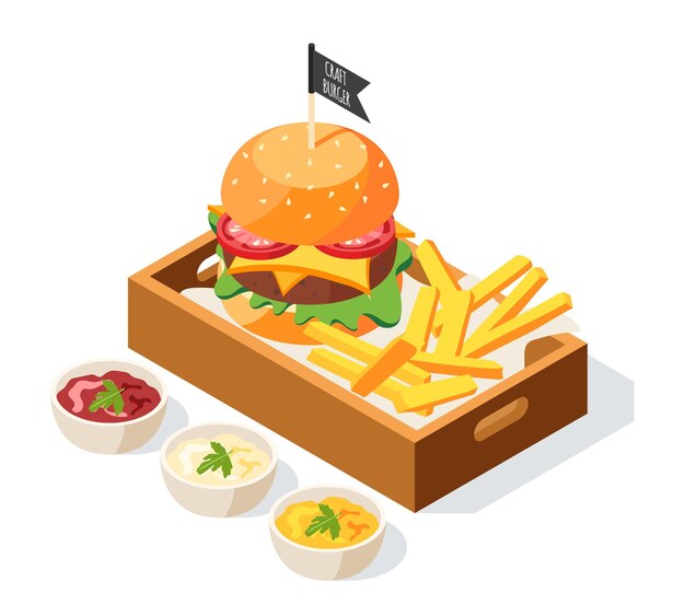 Ilustración isométrica de la casa de hamburguesas con composición de platos de salsa y hamburguesa servida con papas fritas en un plato