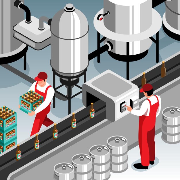 Ilustración isométrica de la cinta transportadora y los operadores de botellas de cerveza