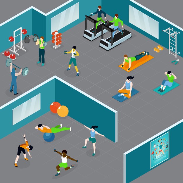 Ilustración isométrica del club de fitness