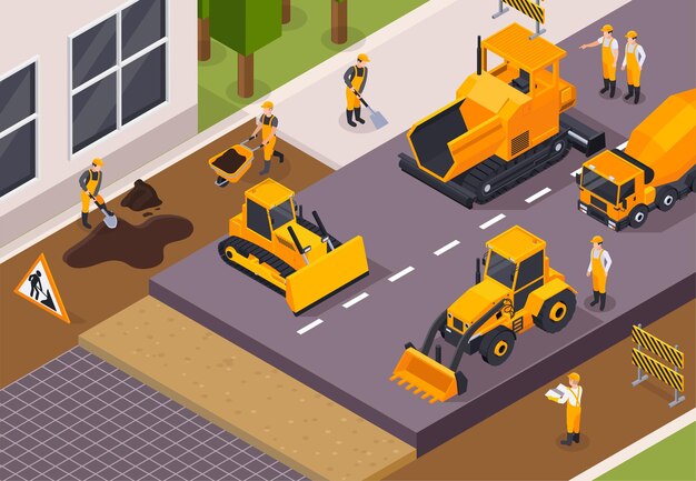 Ilustración isométrica de color y construcción de carreteras