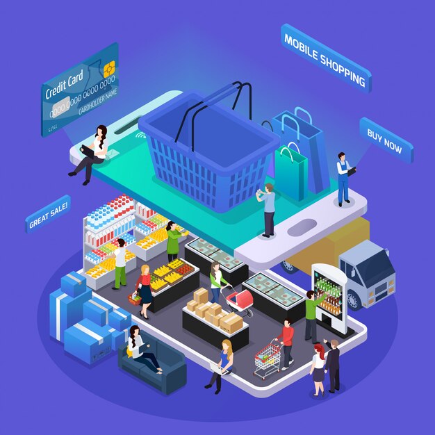 Ilustración isométrica de compras en línea