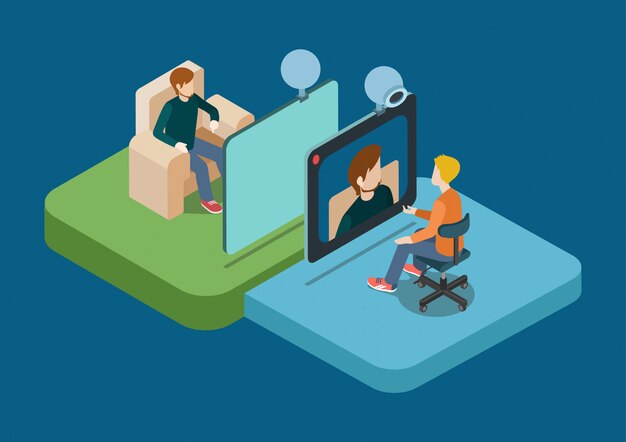 Ilustración isométrica del concepto de conferencia de video llamada chat. Dos hombres hablando por cámara web.