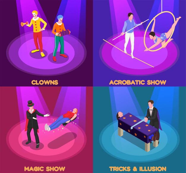 Ilustración isométrica del concepto de espectáculo de circo con payaso y símbolos de espectáculo de magia aislados