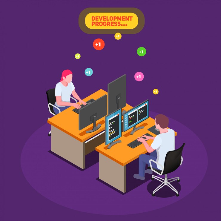 Vector gratuito ilustración isométrica de desarrollo de juegos con desarrolladores masculinos y femeninos en su lugar de trabajo y mirando en la pantalla de la pc con el código del programa