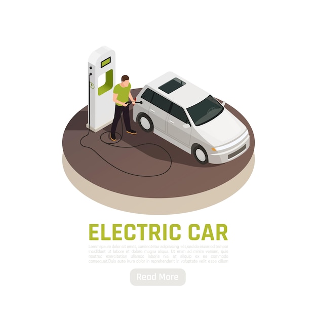 Ilustración isométrica de ecología de energía verde con texto editable de estación de carga de coche eléctrico y botón de lectura