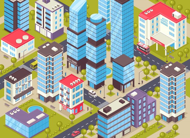 Ilustración isométrica de edificios de la ciudad