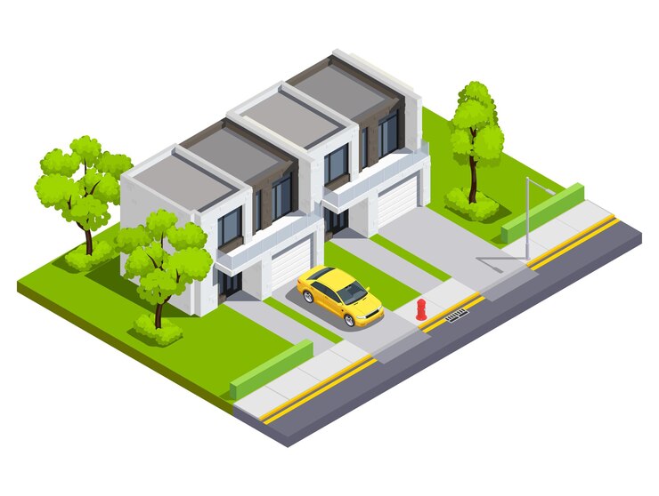 Vector gratuito ilustración isométrica de edificios suburbanos con casa adosada privada para dos familias con entradas aisladas y automóvil en el territorio de la casa