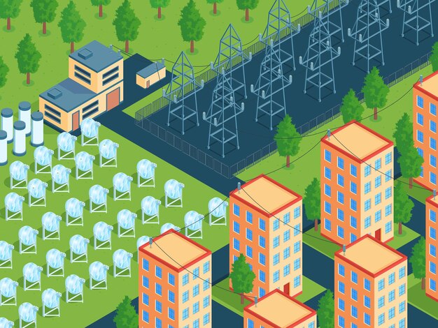 Ilustración isométrica de energía verde con bloque de la ciudad y campo de paneles solares con líneas eléctricas