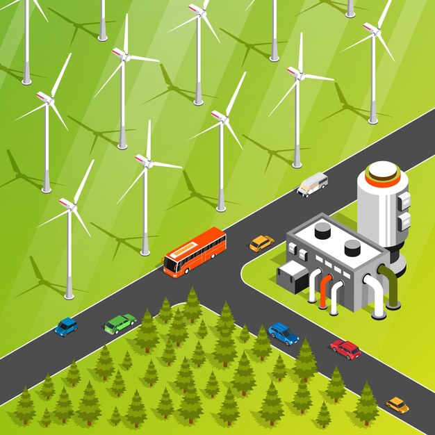Ilustración isométrica de energía verde con turbinas eólicas planta de biocombustibles coches eléctricos 3d ilustración vectorial