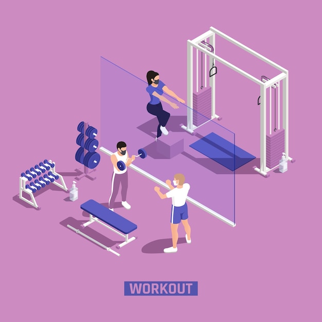 Ilustración isométrica de entrenamiento de fitness