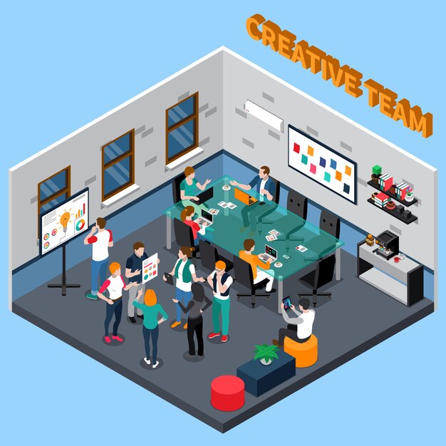 Ilustración isométrica del equipo creativo