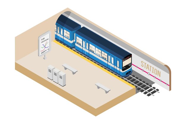 Ilustración isométrica de la estación de metro plataforma subterránea vacía sistema de viaje de la ciudad moderna Tren de velocidad 3D en vías férreas Transporte público urbano